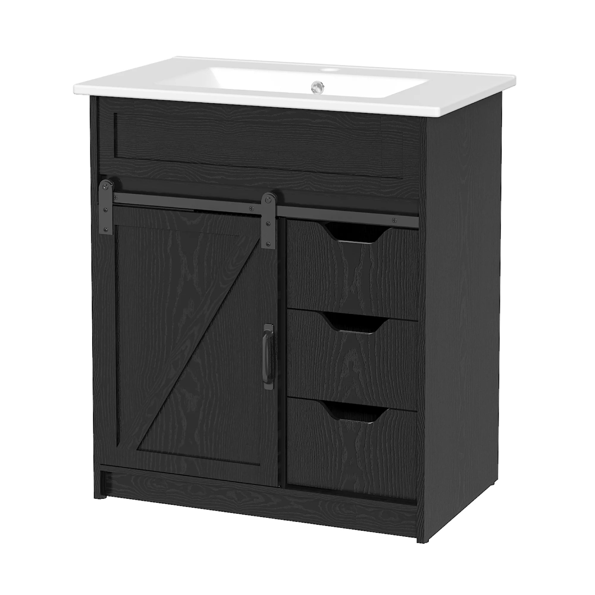 EVOKEDEN 30" Bathroom Vanity with Sink, Bathroom Storage Cabinet with Sliding Barn Door, Farmhouse Bathroom Cabinet with 3 Drawers, Black