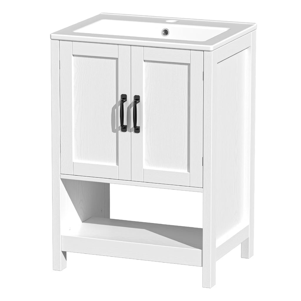 EVOKEDEN 24" Bathroom Vanity with Sink, Freestanding Modern Cabinet Vanity with LED Light, 2 Soft Closing Cabinet Door with Organizer, White