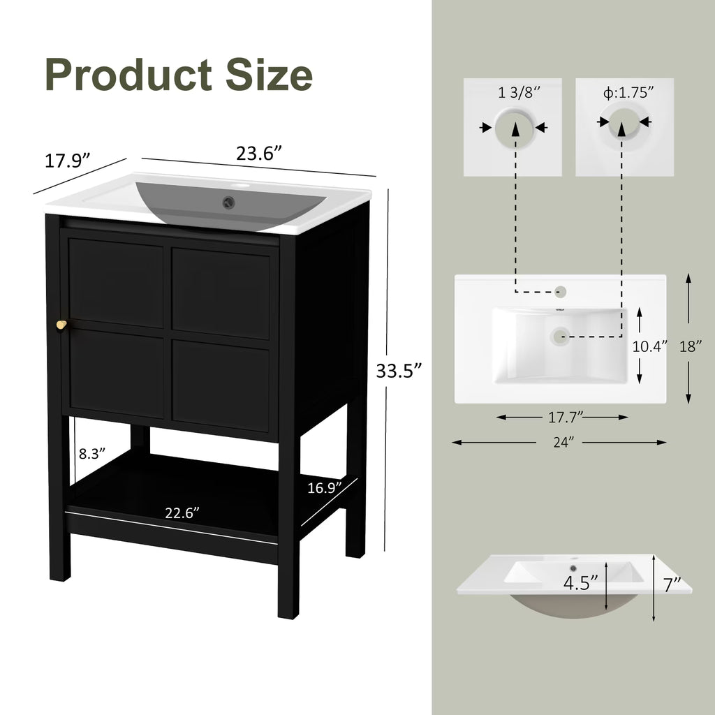 EVOKEDEN 24" Bathroom Vanity with Sink, Small Farmhouse Freestanding Bathroom Cabinet Combo Set, Soft Closing Door and Open Storage Shelf, Black