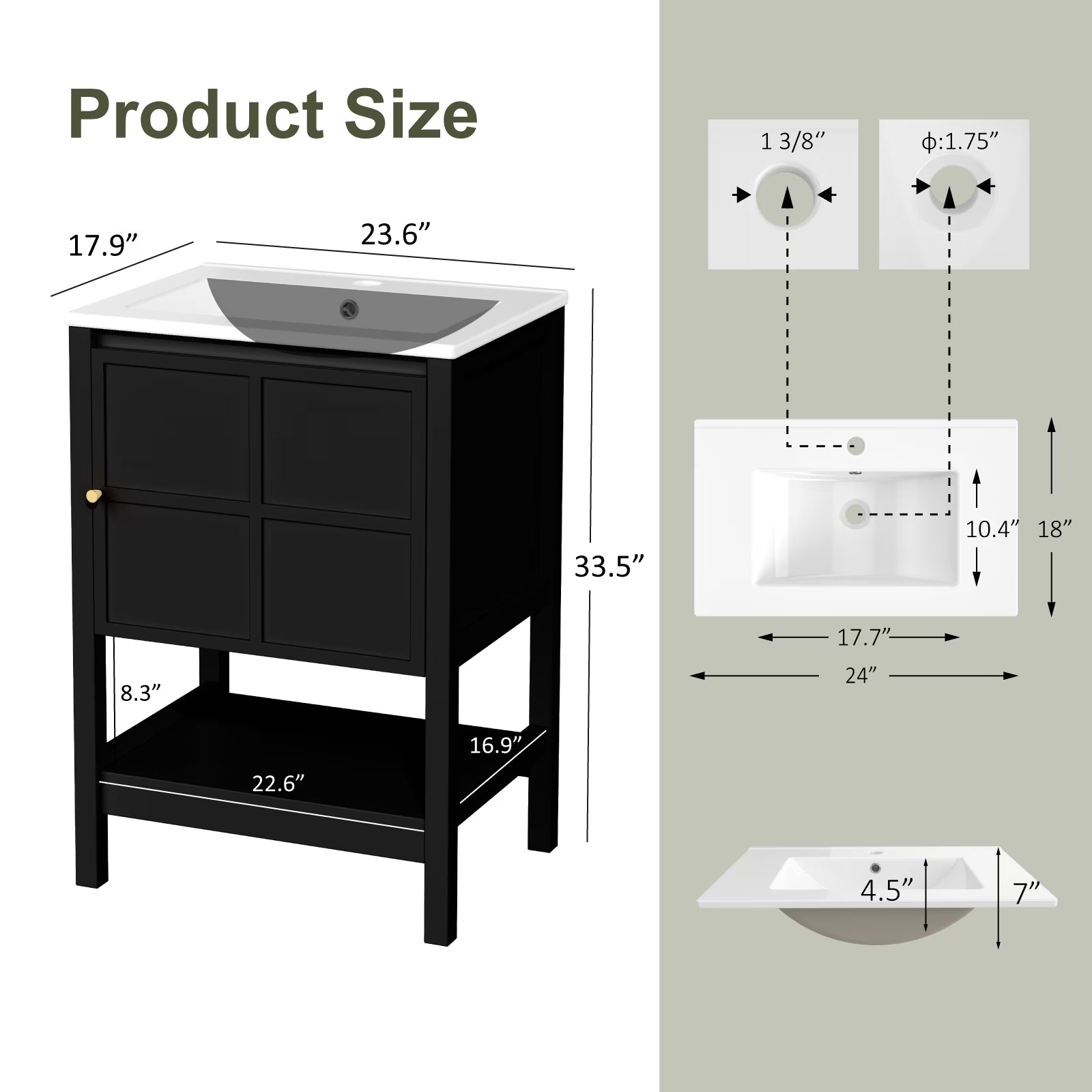 EVOKEDEN 24" Bathroom Vanity with Sink, Small Farmhouse Freestanding Bathroom Cabinet Combo Set, Soft Closing Door and Open Storage Shelf, Black