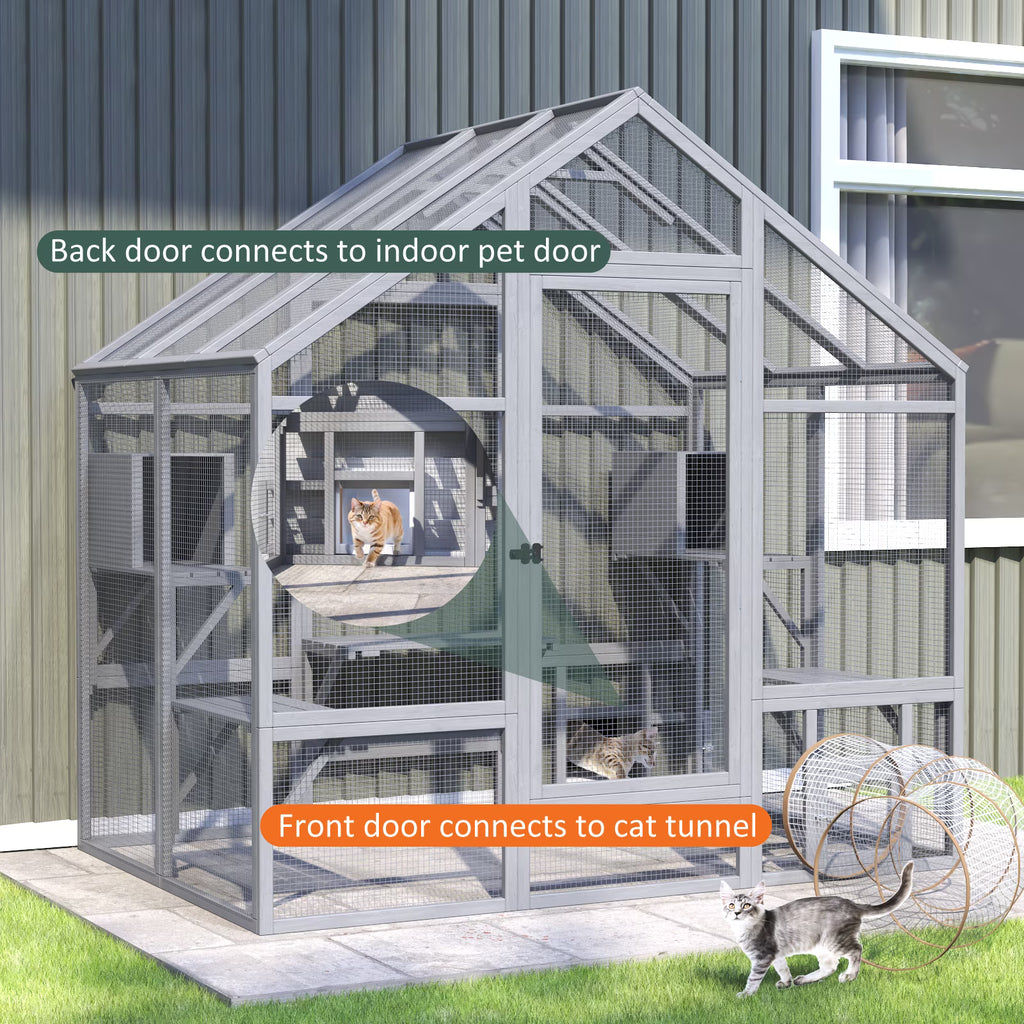 TIMHAKA 71" Large Outdoor Catio Enclosure w/ 7 Tiered Platforms, 2 Premium Resting Boxes, UV-Resistant Cover