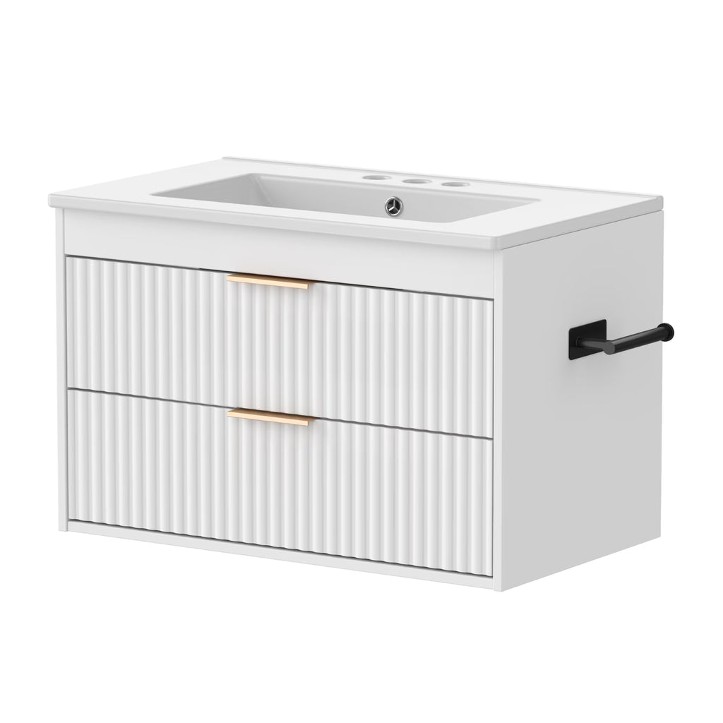 EVOKEDEN 30” Floating Bathroom Vanity with Sink, Wall-Mounted Vanity with 2 Drawers & LED Light, White