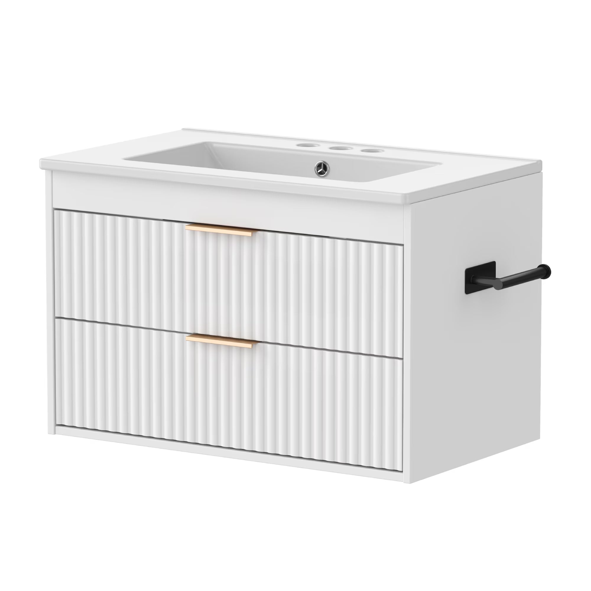 EVOKEDEN 30” Floating Bathroom Vanity with Sink, Wall-Mounted Vanity with 2 Drawers & LED Light, White