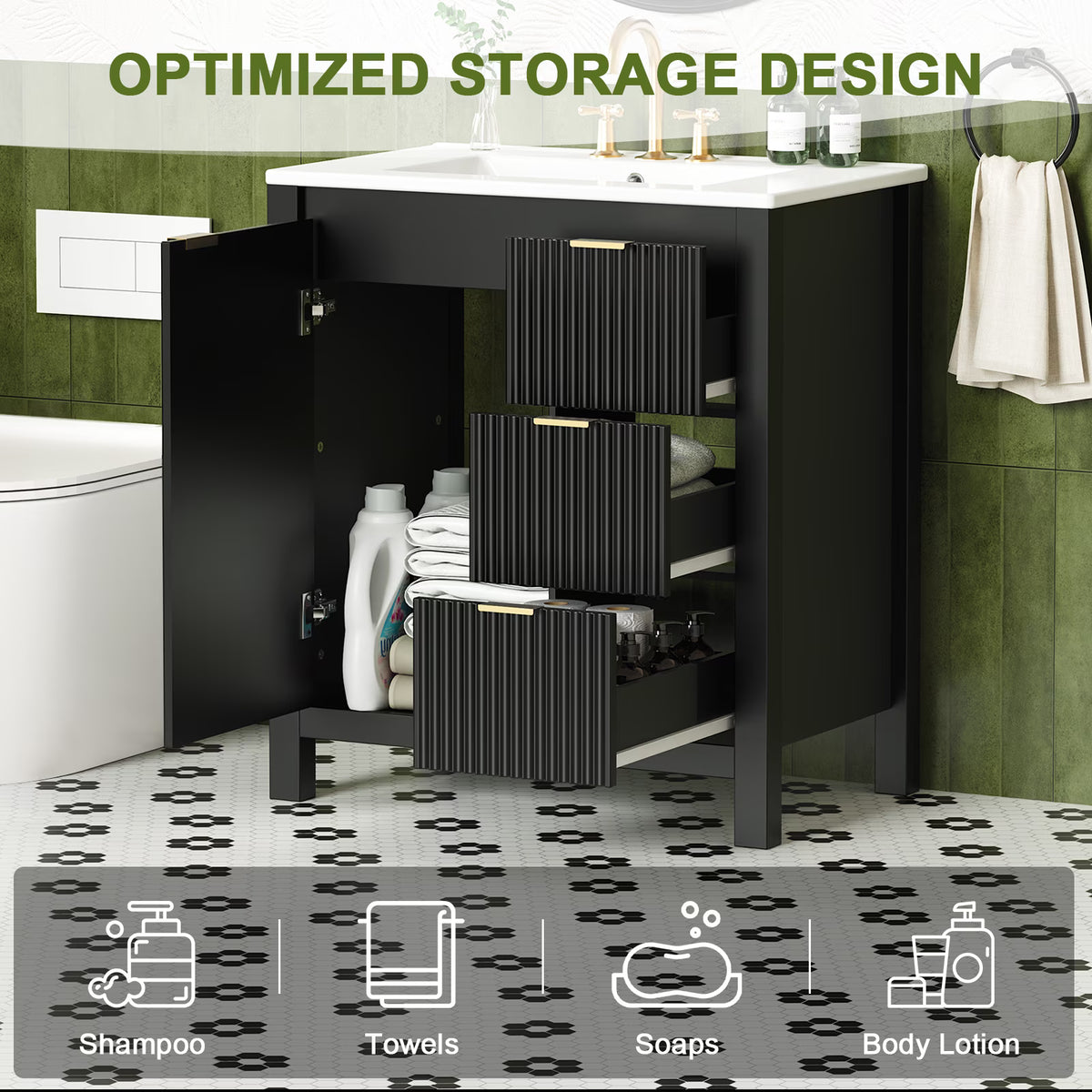 EVOKEDEN 30" Fluted Bathroom Vanity with Sink, Freestanding Vanity Cabinet with 3 Drawers, Black