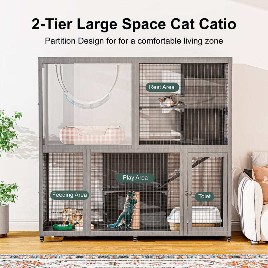 TIMHAKA 4-Tier Large Cat Enclosure House with Wheels, Indoor & Outdoor Catio for Sunbathing, Gray