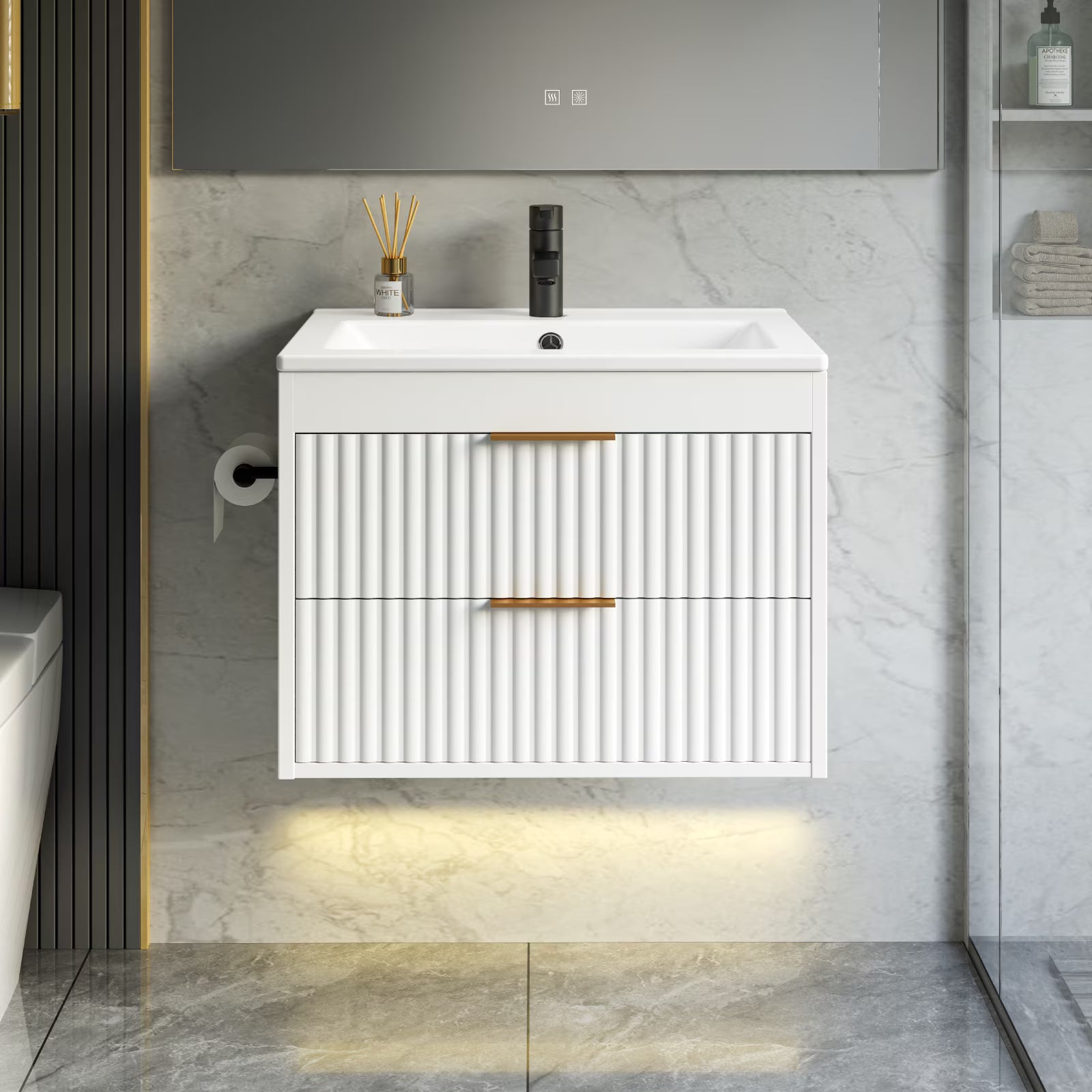 EVOKEDEN 24” Floating Bathroom Vanity with Sink, Wall-Mounted Vanity with 2 Drawers & LED Light, White