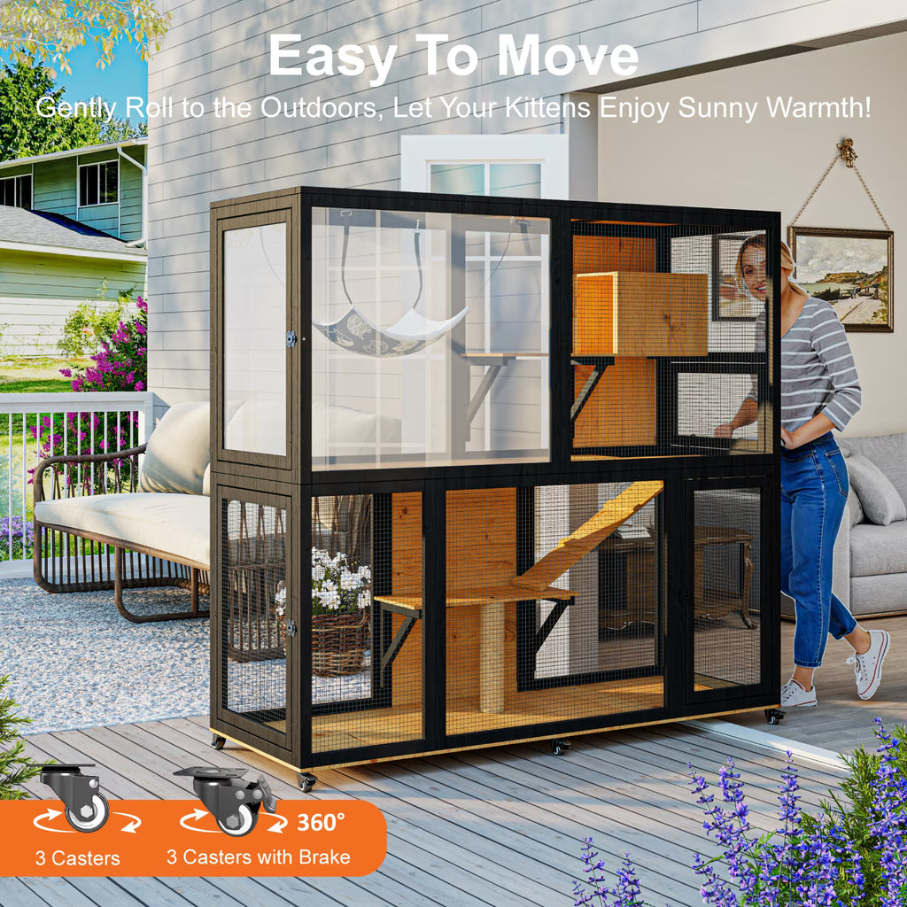 TIMHAKA 4-Tier Large Cat Enclosure House, Indoor & Outdoor Catio for Sunbathing, Black & Yellow