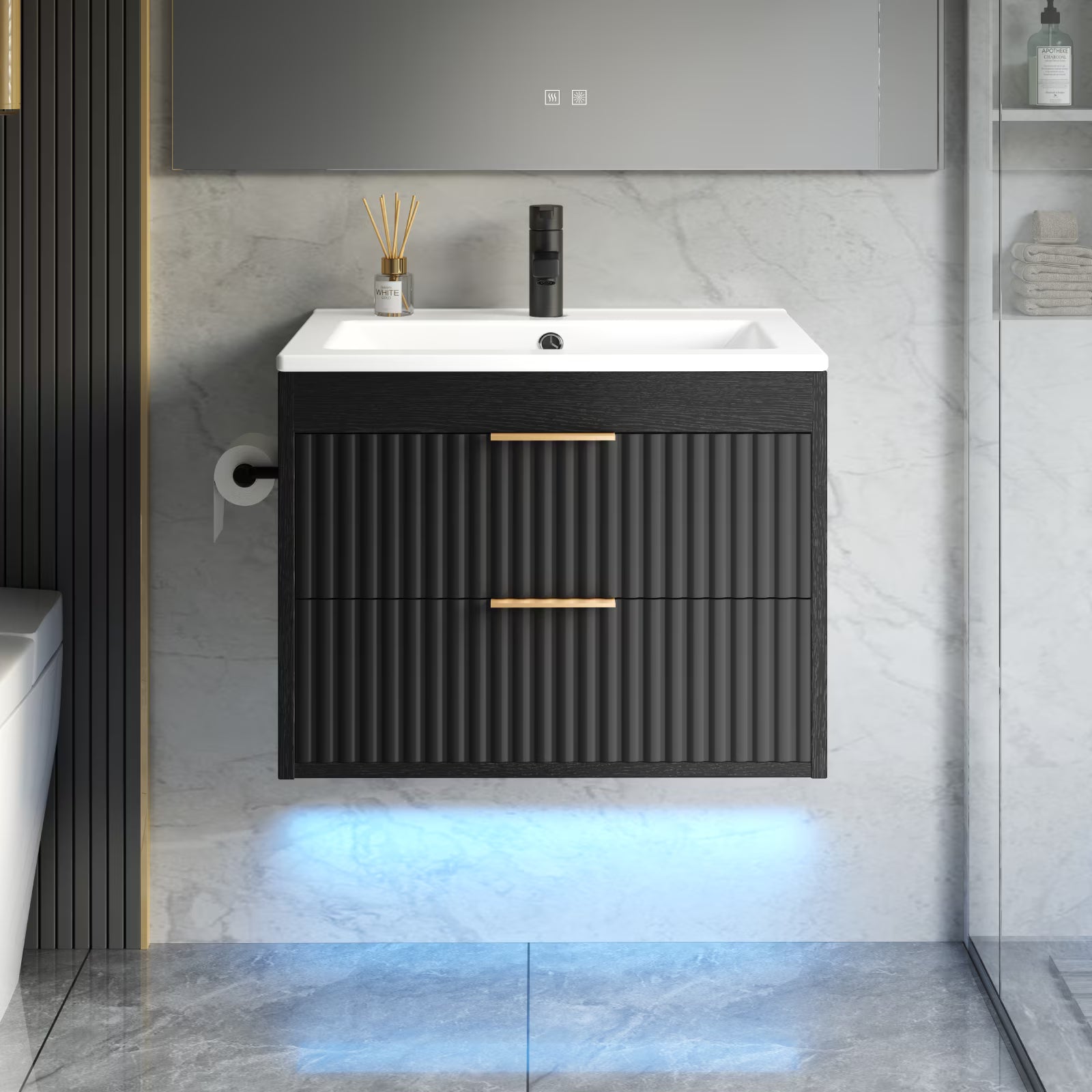EVOKEDEN 24” Floating Bathroom Vanity with Sink, Wall-Mounted Vanity with 2 Drawers & LED Light, Black