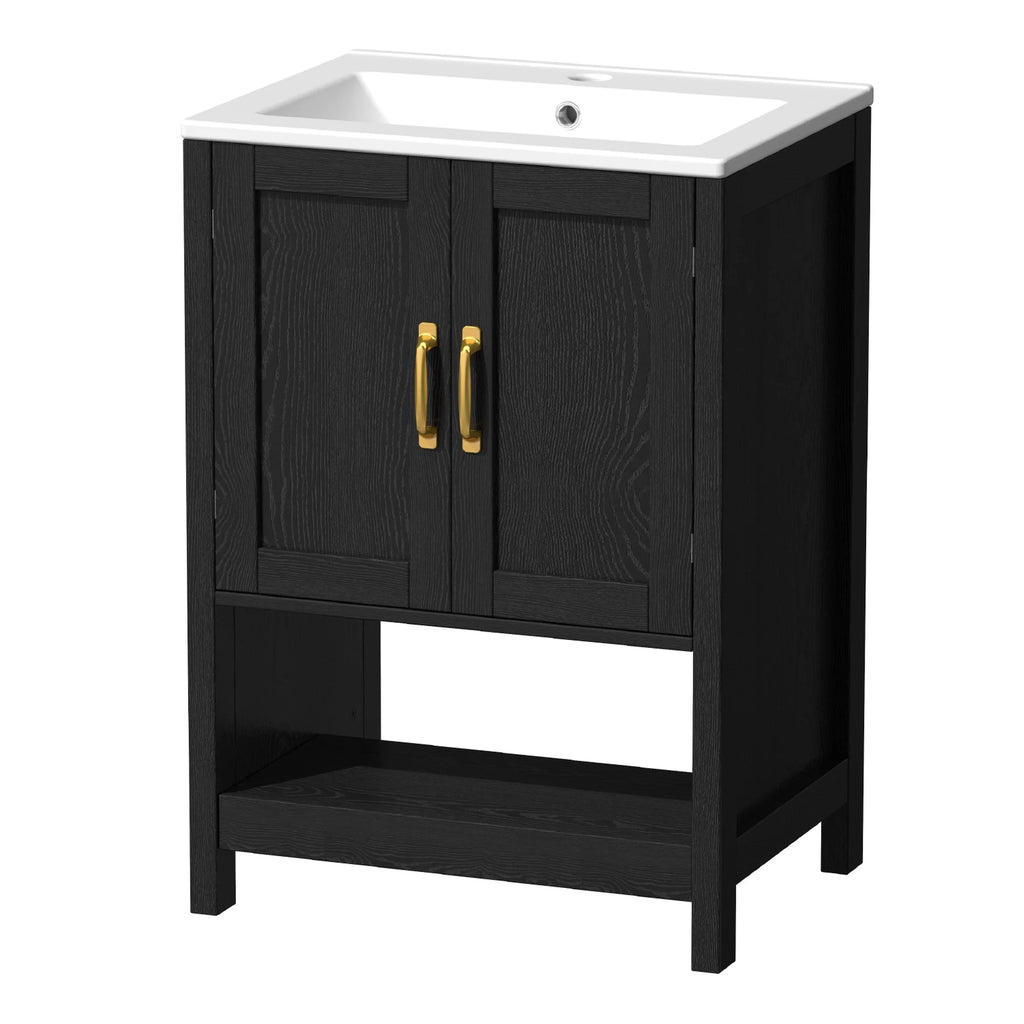 EVOKEDEN 24" Bathroom Vanity with Sink, Freestanding Modern Cabinet Vanity with LED Light, 2 Soft Closing Cabinet Door with Organizer, Black