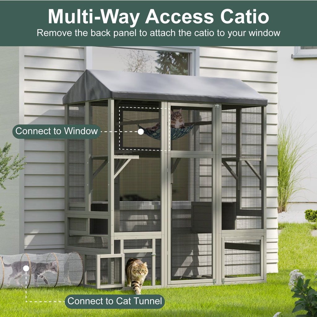 TIMHAKA 71'' Catio Outdoor Cat Enclosure, Large Cat Catio with Window Access, Hammock, 7 Platforms and 2 Resting Box, Gray