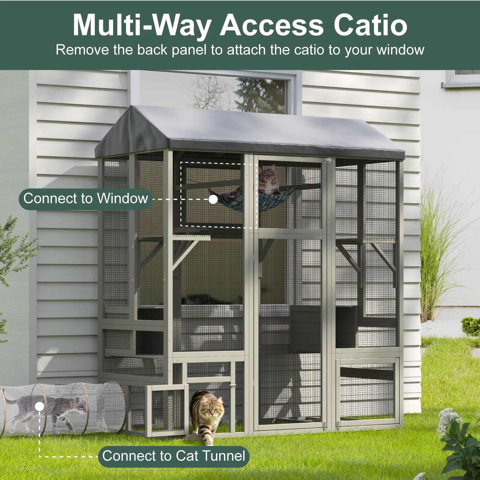 TIMHAKA 71'' Catio Outdoor Cat Enclosure, Large Cat Catio with Window Access, Hammock, 7 Platforms and 2 Resting Box, Gray