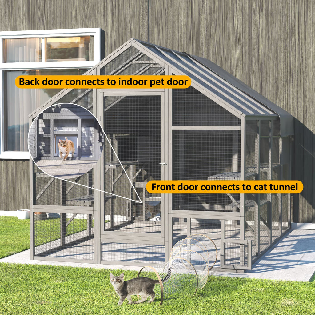 TIMHAKA 97" Outdoor Large Cat Enclosure, Wooden Cat Catio w/ 7 Platforms, 2 Resting Boxes & Weatherproof Cover for Multiple Pets