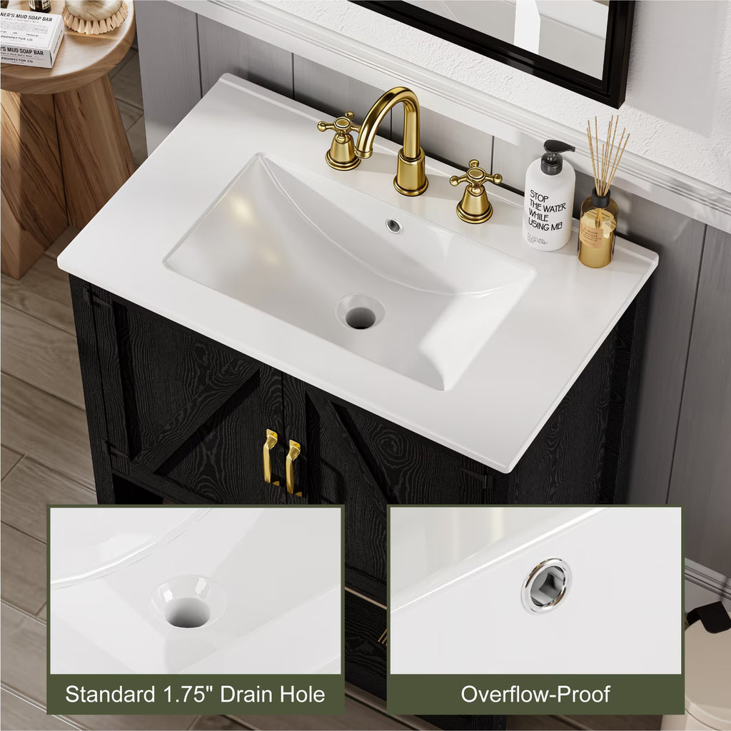 EVOKEDEN 30" Bathroom Vanity w/ Ceramic Sink & LED Light, Freestanding Storage Cabinet w/ Organizer, Black