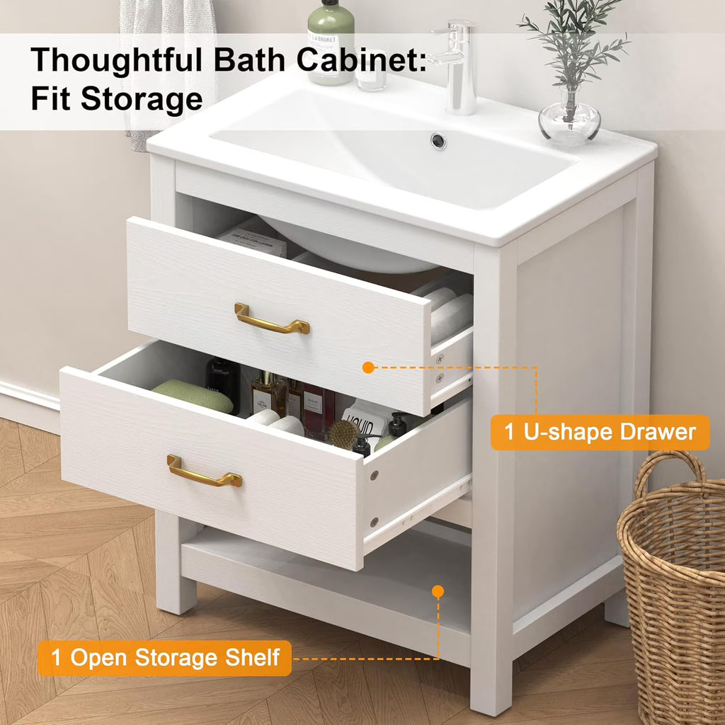 EVOKEDEN 24” Bathroom Vanity with Sink, Modern Bathroom Cabinet Set with LED Light for Small Space, 2 Soft-Close Drawers with Organizer, White