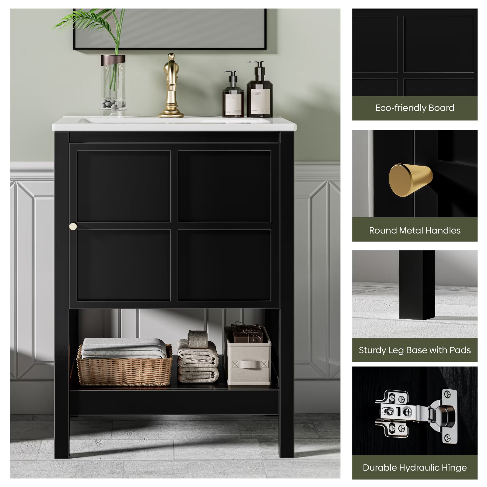 EVOKEDEN 24" Bathroom Vanity with Sink, Small Farmhouse Freestanding Bathroom Cabinet Combo Set, Soft Closing Door and Open Storage Shelf, Black