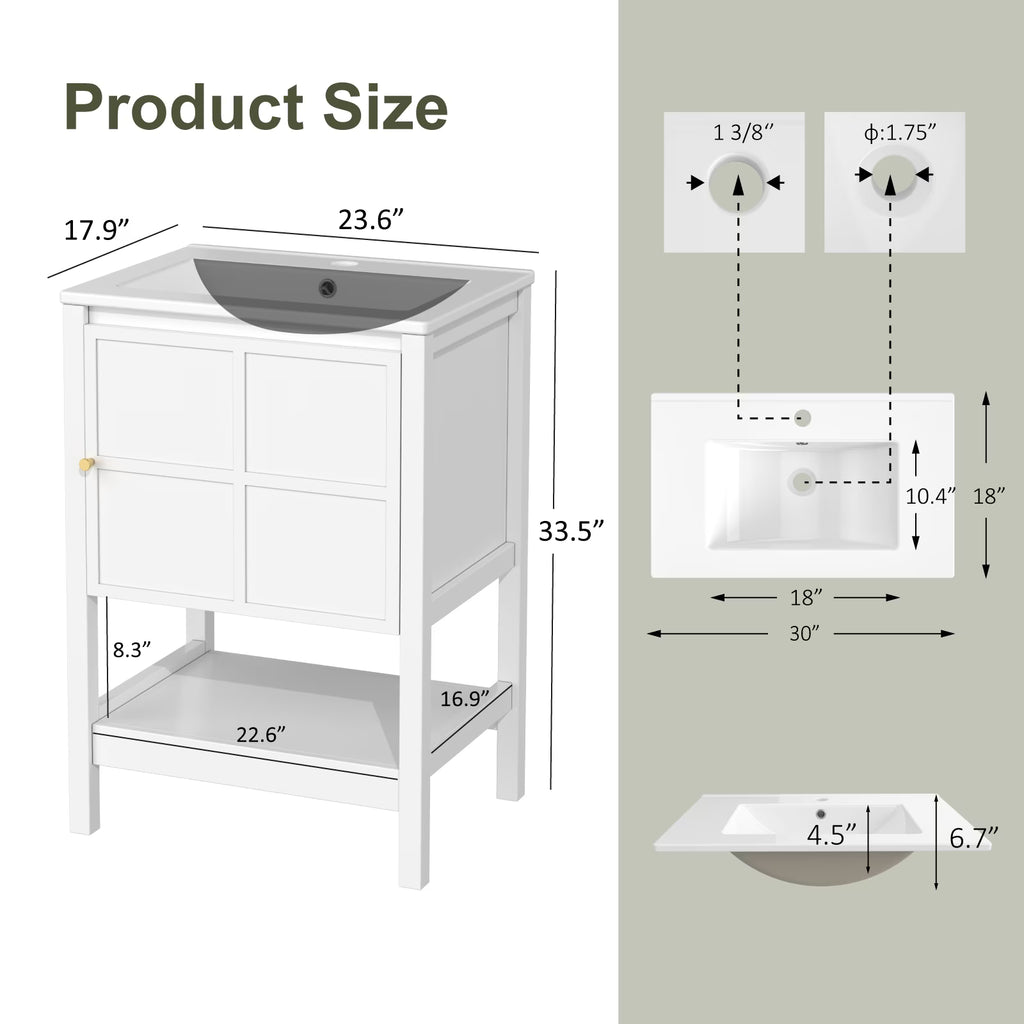 EVOKEDEN 24" Bathroom Vanity with Sink, Small Farmhouse Freestanding Bathroom Cabinet Combo Set, Soft Closing Door and Open Storage Shelf, White