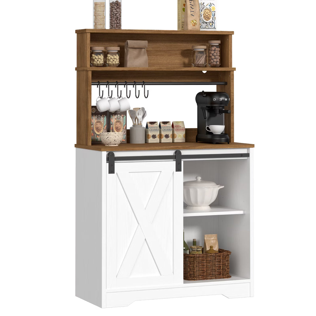 EVOKEDEN Farmhouse Coffee Bar Cabinet w/ LED Light 55'' Bakers Rack w/ Storage White