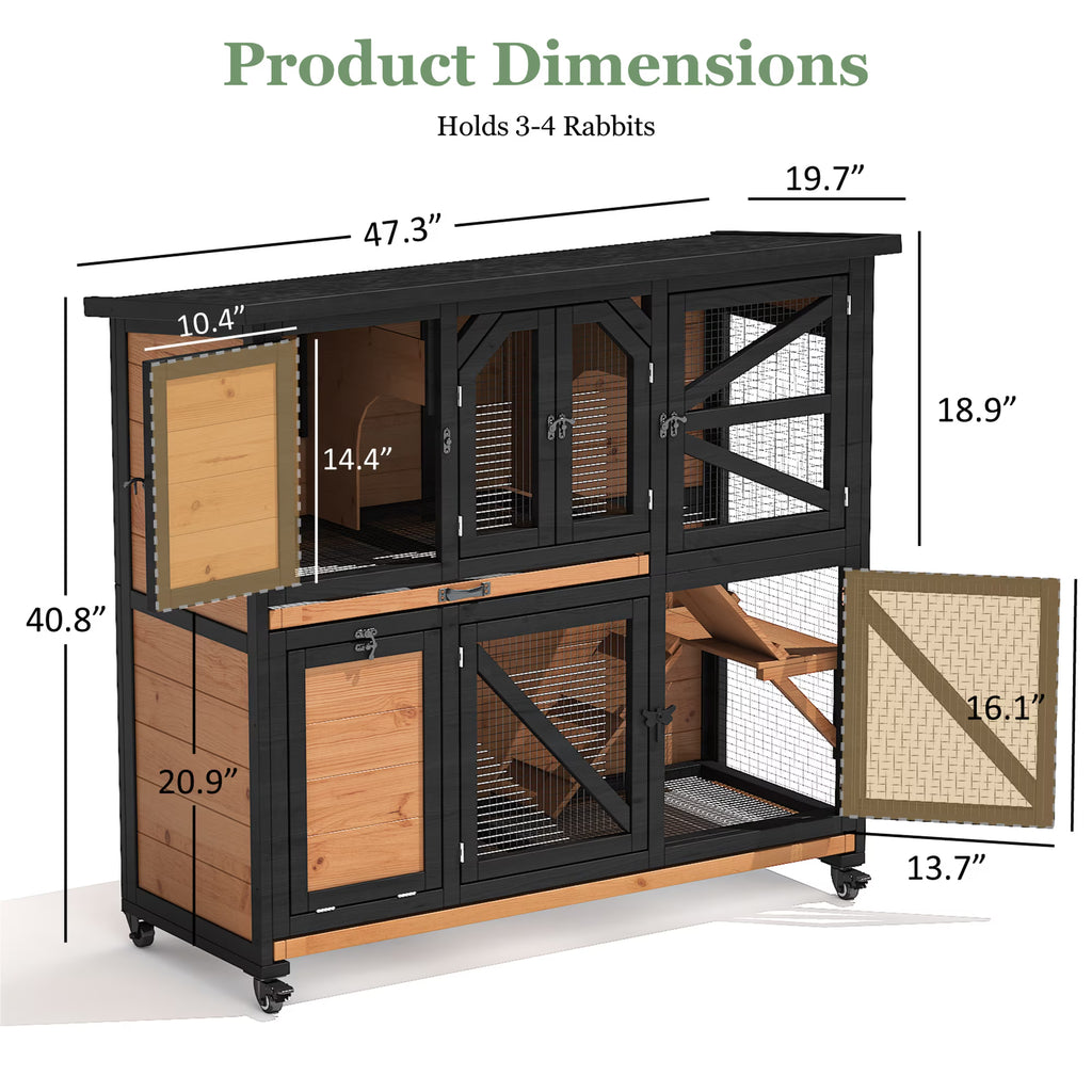 TIMHAKA Two-Story Wooden Rabbit Hutch w/ Wheels, Indoor & Outdoor Bunny Cage, Guinea Pig Cage w/ Removable Trays