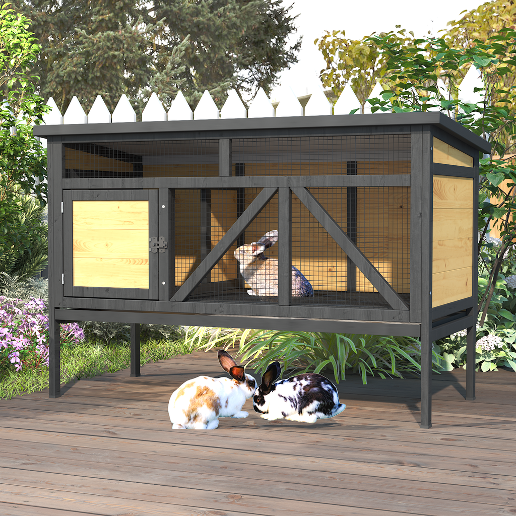 46.7" Elevated Rabbit Cage, Indoor & Outdoor Rabbit Hutch, Bunny Cage for Guinea Pig, Wooden Design with Removable Tray, Waterproof Asphalt Roof & Bottom Wire Mesh for Small-Medium Animals