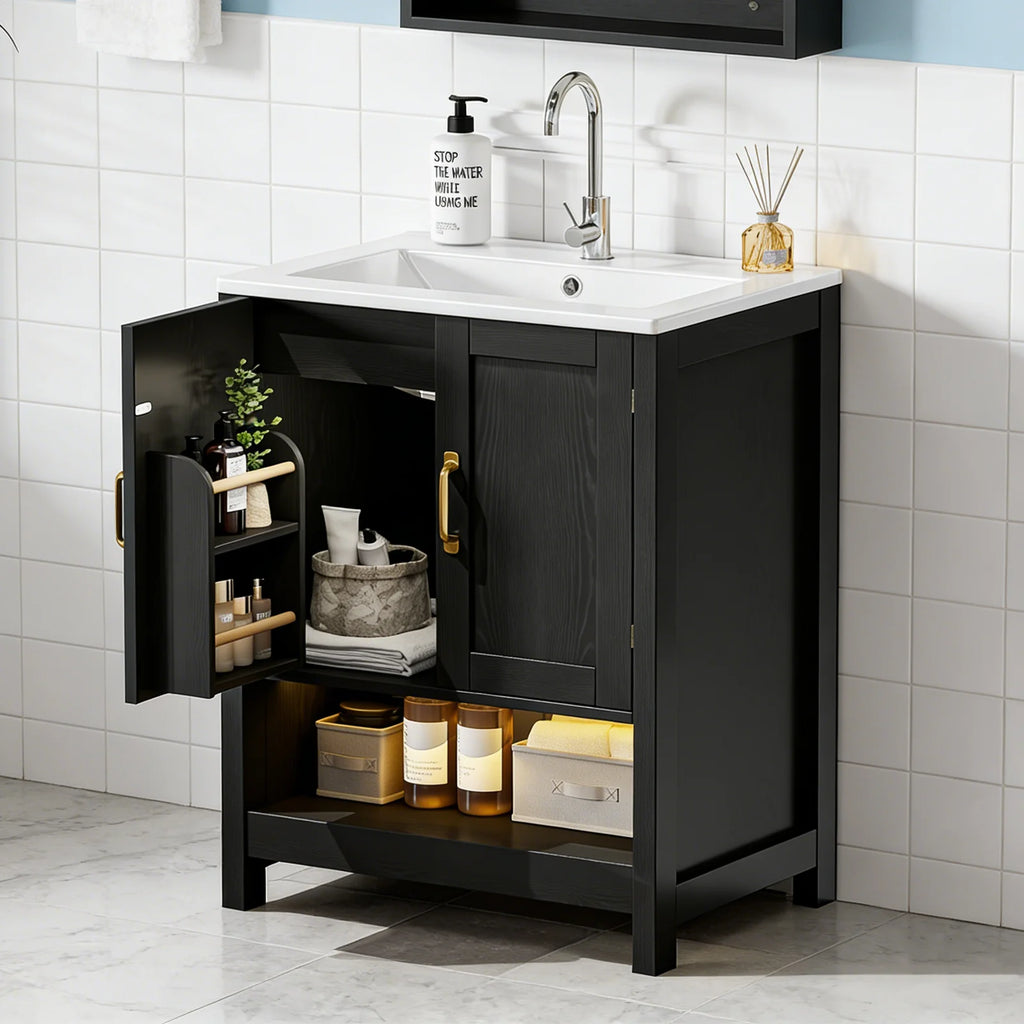 EVOKEDEN 24" Bathroom Vanity with Sink, Freestanding Modern Cabinet Vanity with LED Light, 2 Soft Closing Cabinet Door with Organizer, Black