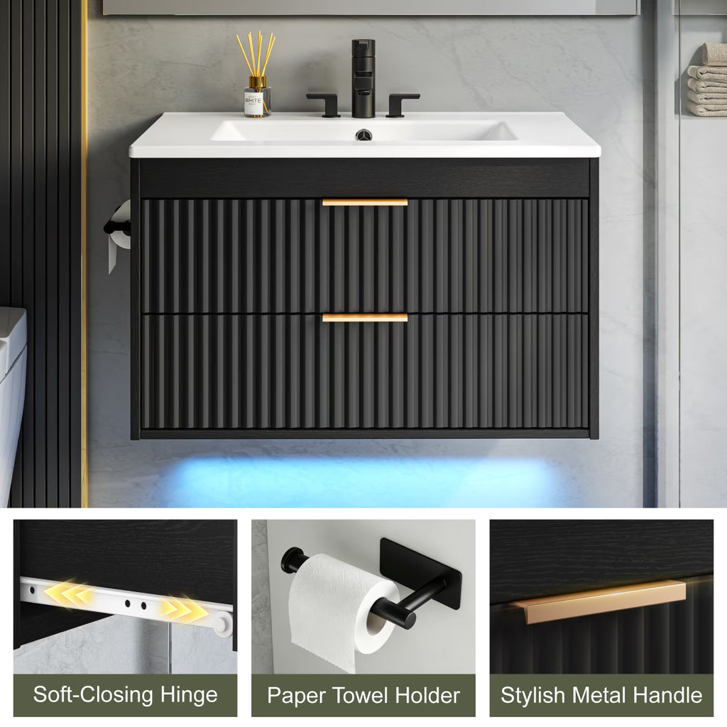 EVOKEDEN 30” Floating Bathroom Vanity with Sink, Wall-Mounted Vanity with 2 Drawers & LED Light, Black