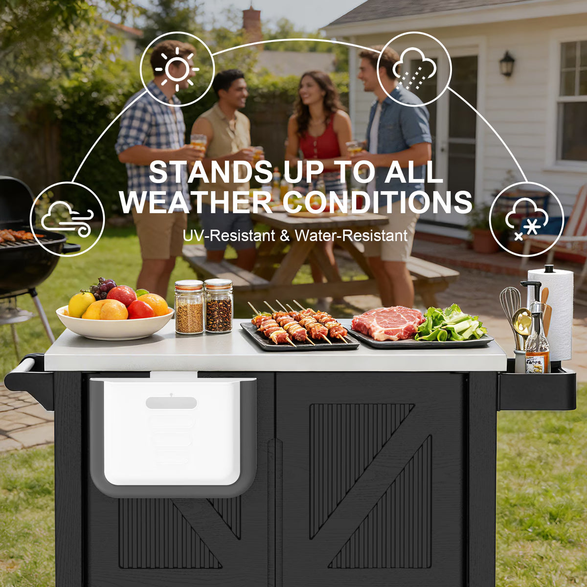 EVOKEDEN Outdoor Grill Cart with Storage Cabinet, Movable Kitchen Island with Wheels, PP Material Rolling BBQ Food Prep Table Cart for Patio, Black