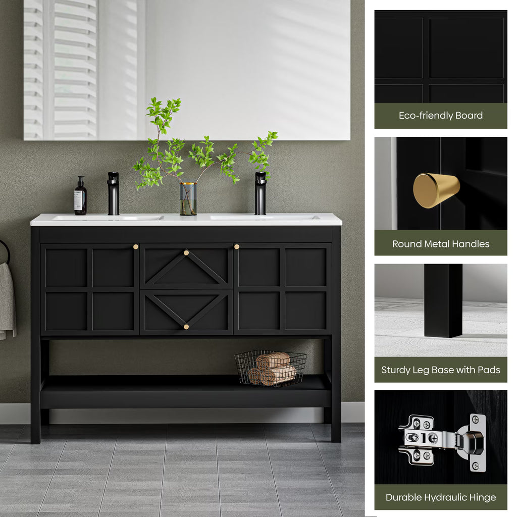 EVOKEDEN 48" Bathroom Vanity with Double Sink Combo, Undermount Sink Bathroom Storage Cabinet with 2 Drawers & 2 Soft-Close Doors, Freestanding Farmhouse Cabinet with Open Storage Shelf, Black