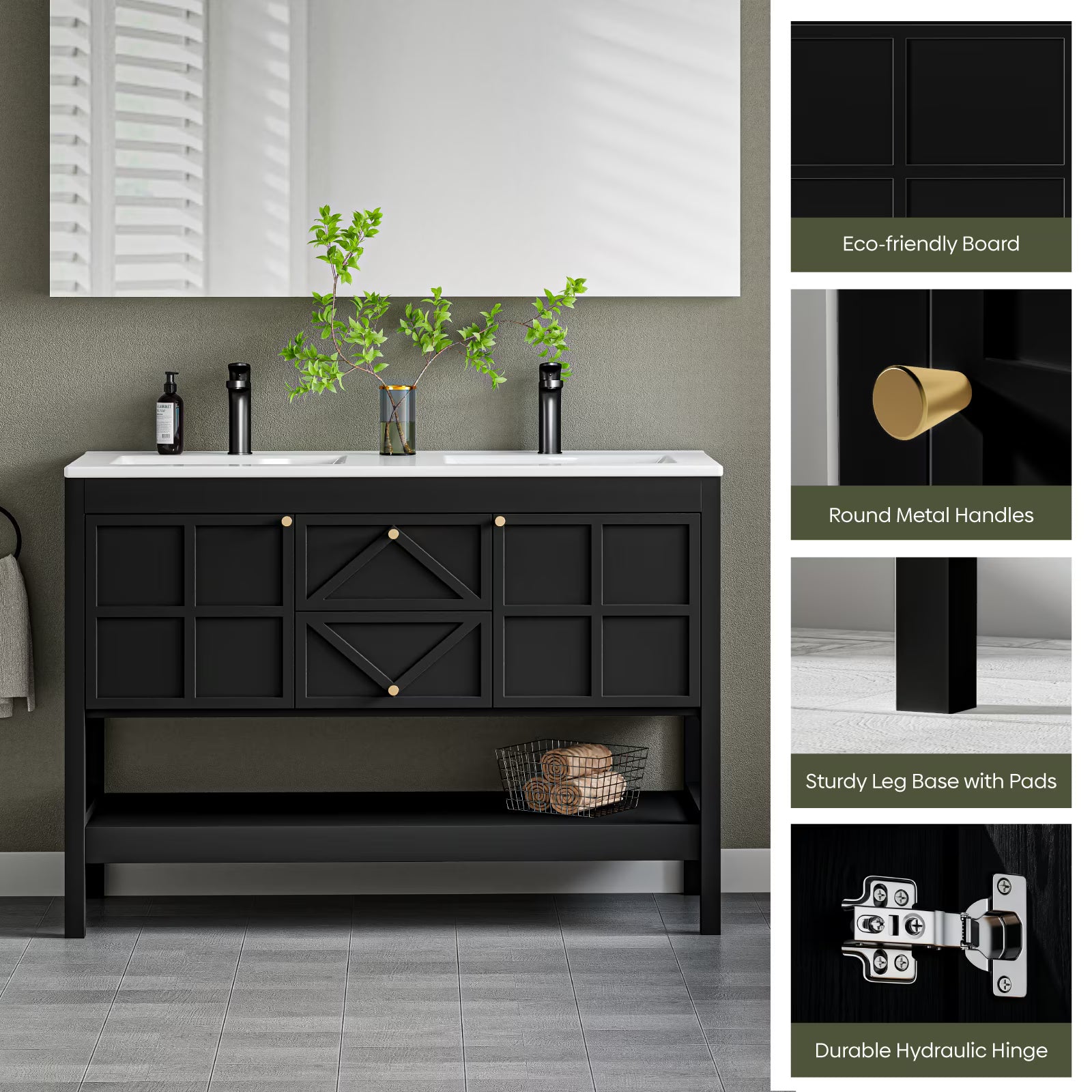EVOKEDEN 48" Bathroom Vanity with Double Sink Combo, Undermount Sink Bathroom Storage Cabinet with 2 Drawers & 2 Soft-Close Doors, Freestanding Farmhouse Cabinet with Open Storage Shelf, Black