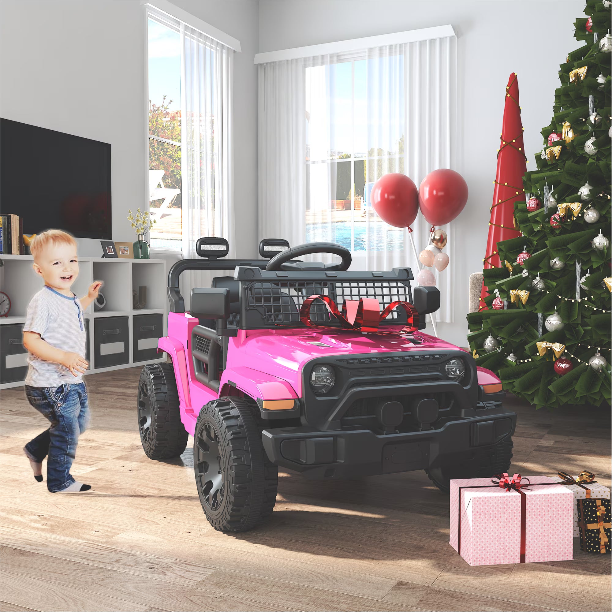 EVOKEDEN 12V Remote Control Ride On Car for Kids, Electric Toddler Car with Spring Suspension, LED Lights & Music, Pink