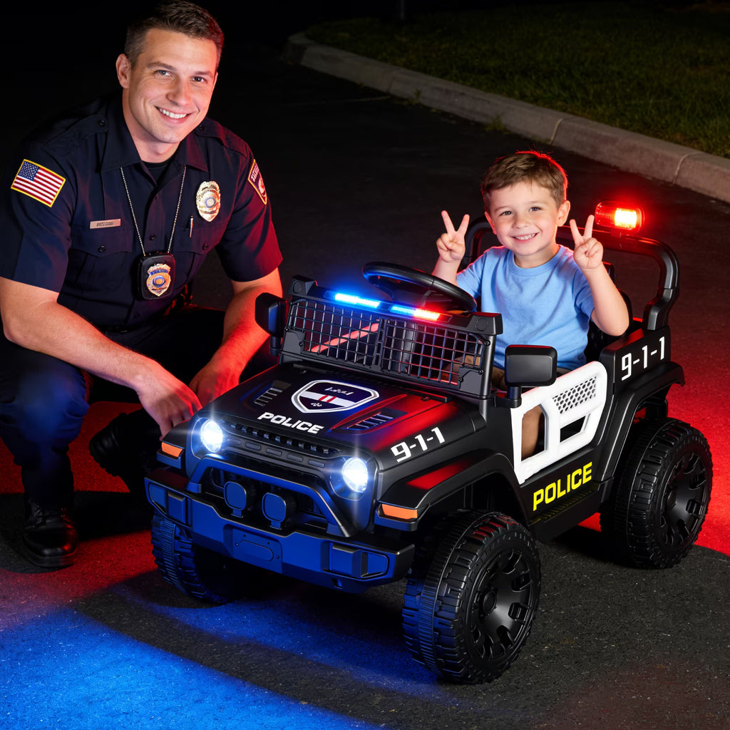 EVOKEDEN 12V Remote Control Ride On Car for Kids, Electric Toddler Police Car with Spring Suspension, LED Lights & Music