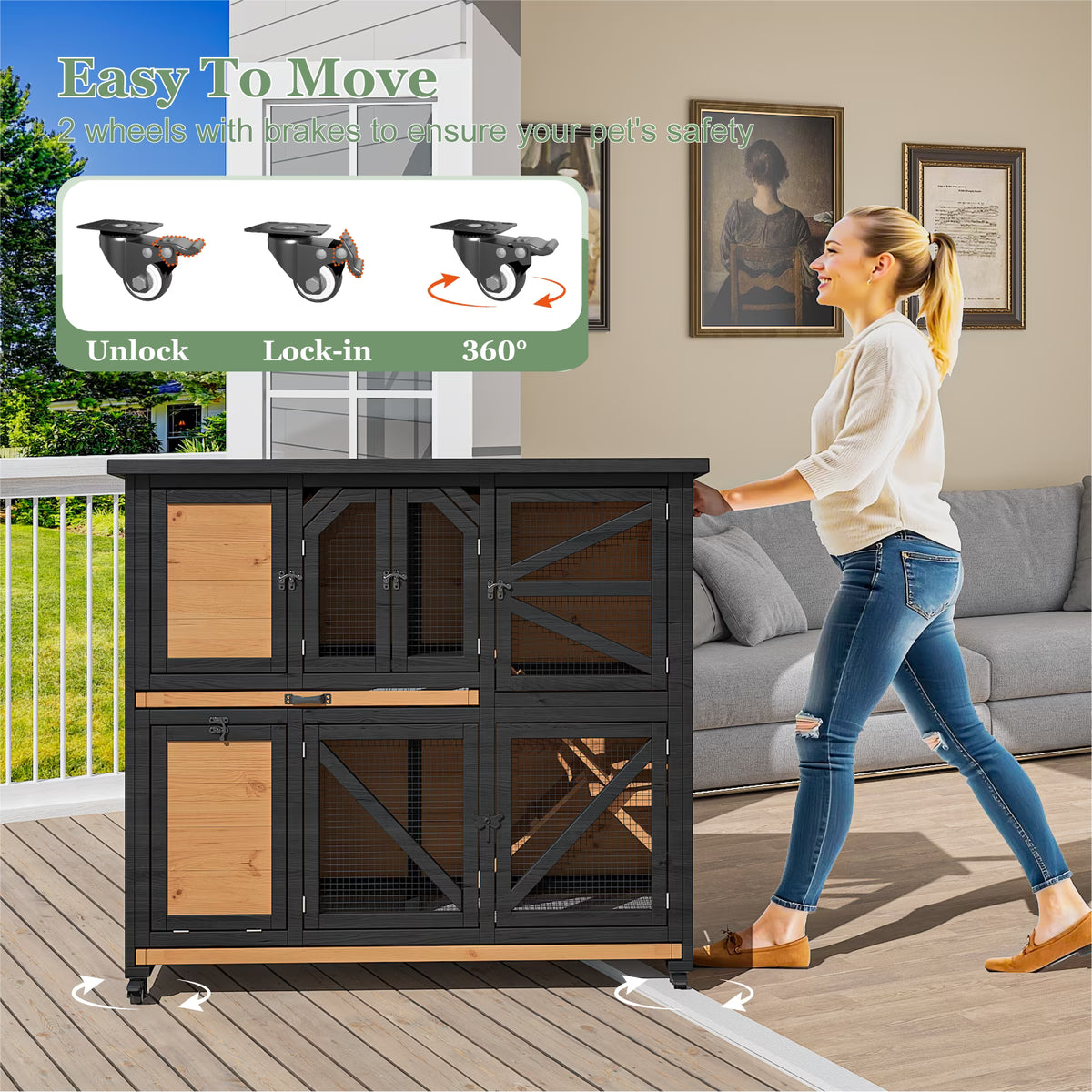 TIMHAKA Two-Story Wooden Rabbit Hutch w/ Wheels, Indoor & Outdoor Bunny Cage, Guinea Pig Cage w/ Removable Trays