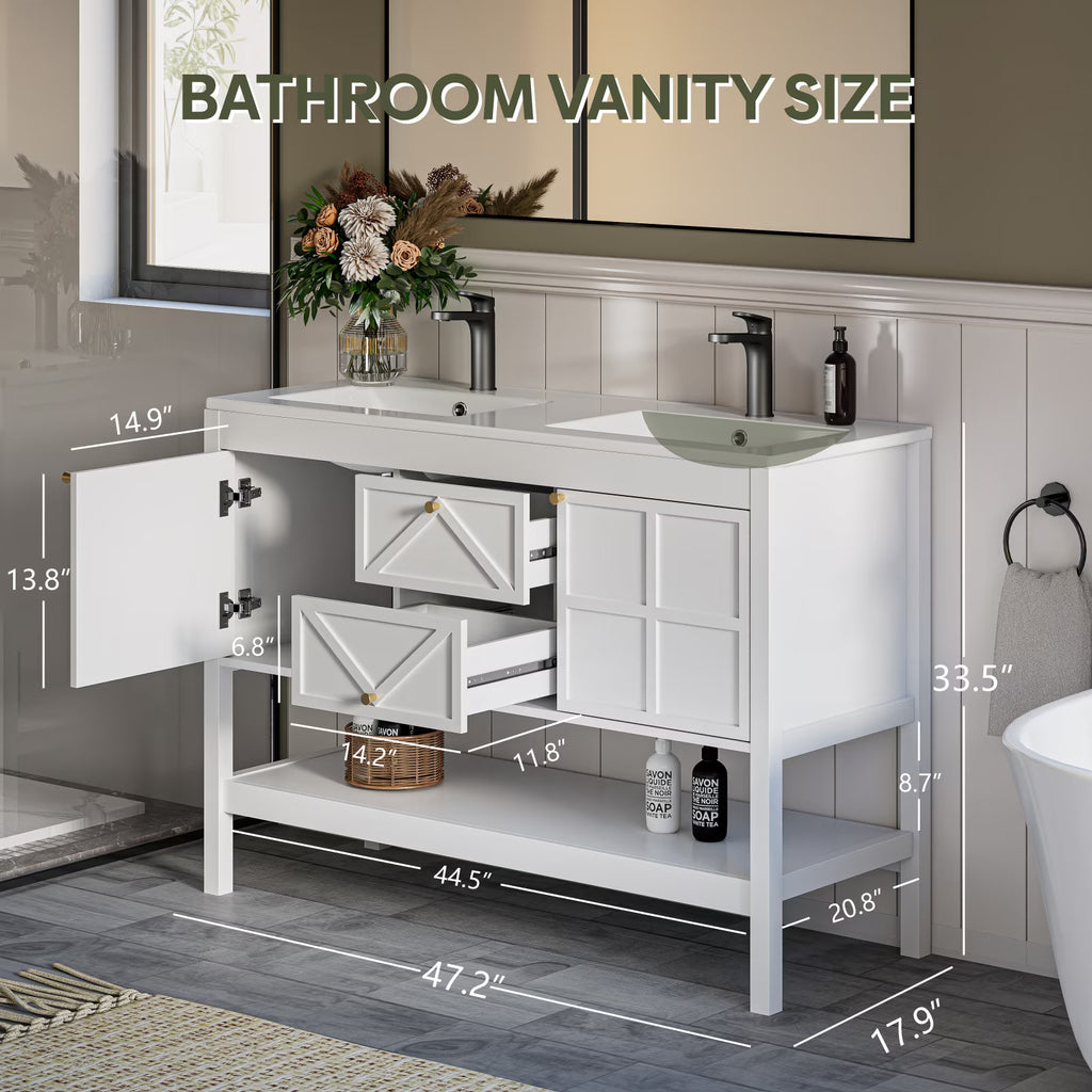 EVOKEDEN 48" Bathroom Vanity with Double Sink Combo, Undermount Sink Bathroom Storage Cabinet with 2 Drawers & 2 Soft-Close Doors, Freestanding Farmhouse Cabinet with Open Storage Shelf, White