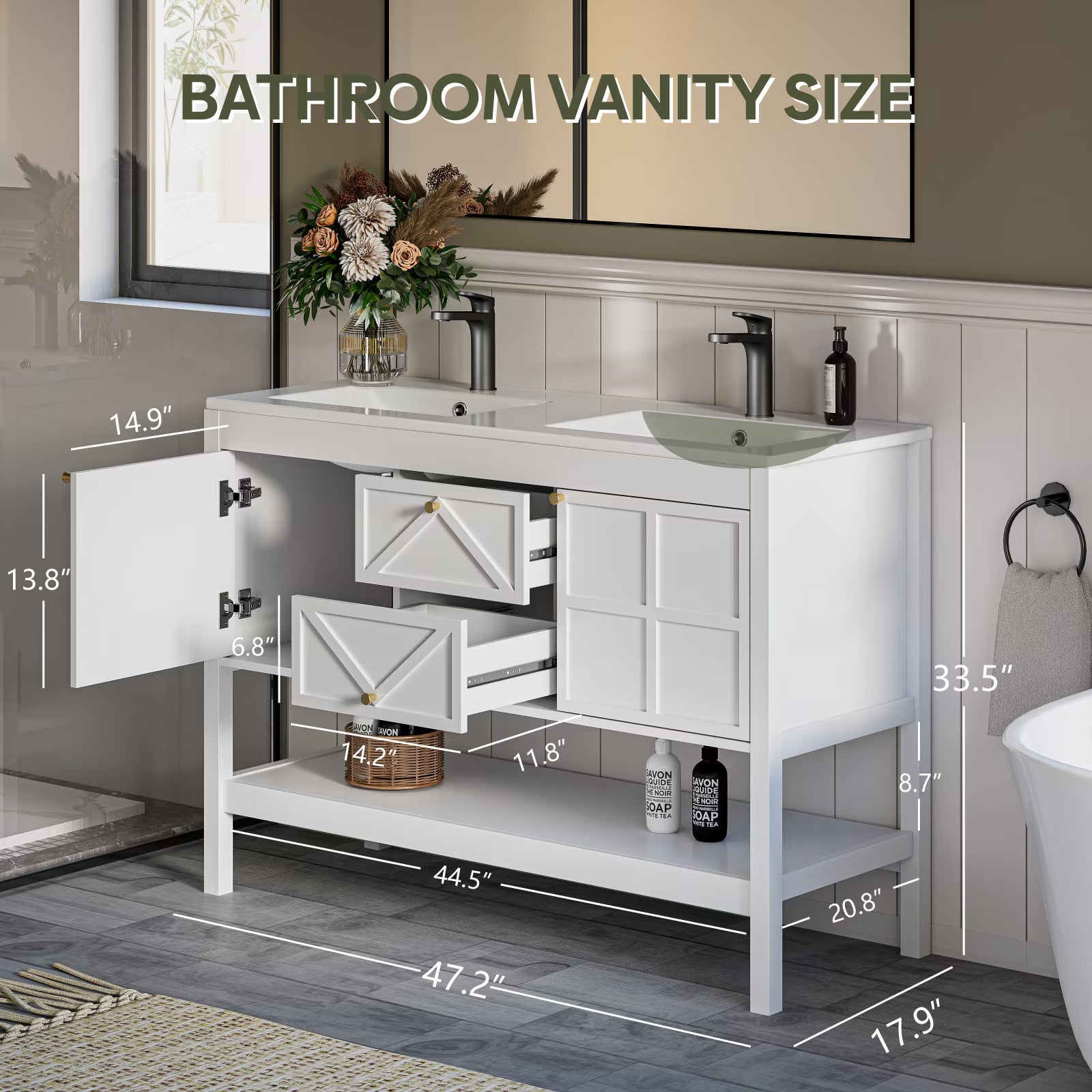 EVOKEDEN 48" Bathroom Vanity with Double Sink Combo, Undermount Sink Bathroom Storage Cabinet with 2 Drawers & 2 Soft-Close Doors, Freestanding Farmhouse Cabinet with Open Storage Shelf, White