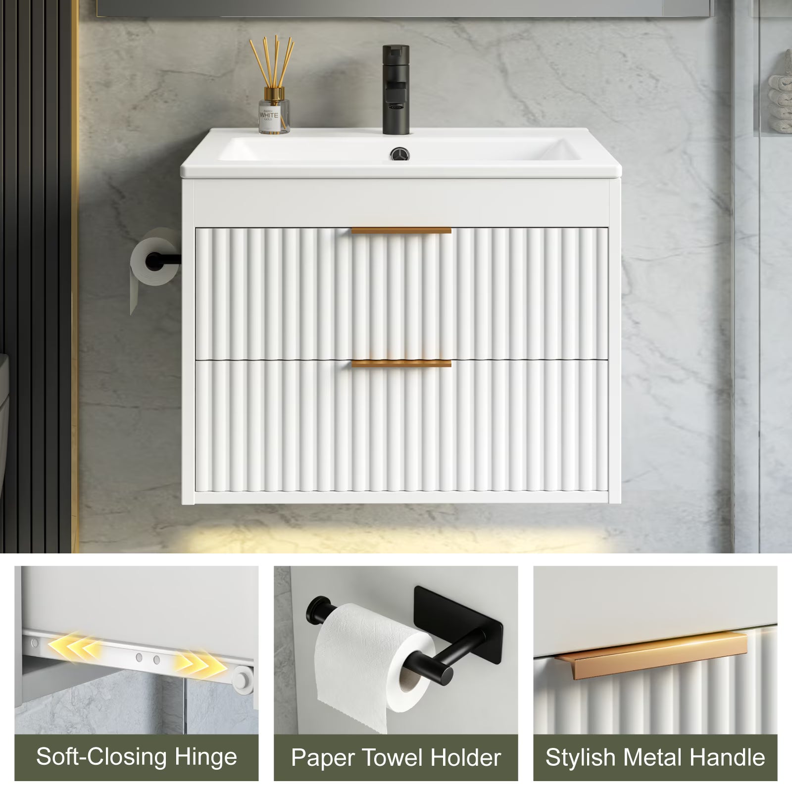 EVOKEDEN 24” Floating Bathroom Vanity with Sink, Wall-Mounted Vanity with 2 Drawers & LED Light, White