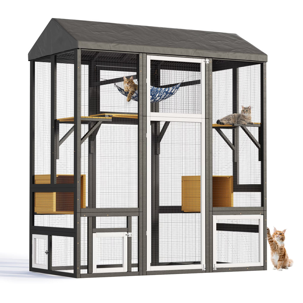 TIMHAKA 71'' Catio Outdoor Cat Enclosure, Large Cat Catio with Window Access, Hammock, 7 Platforms and 2 Resting Box, Black