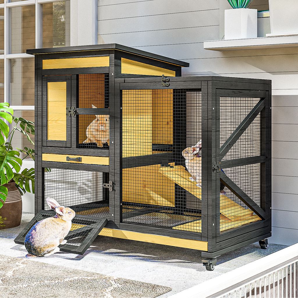 TIMHAKA Large 2-Story Rabbit Cage with Run – Indoor & Outdoor Bunny Hutch 2 Removable Trays, Waterproof Roof, 4 Metal Wheels