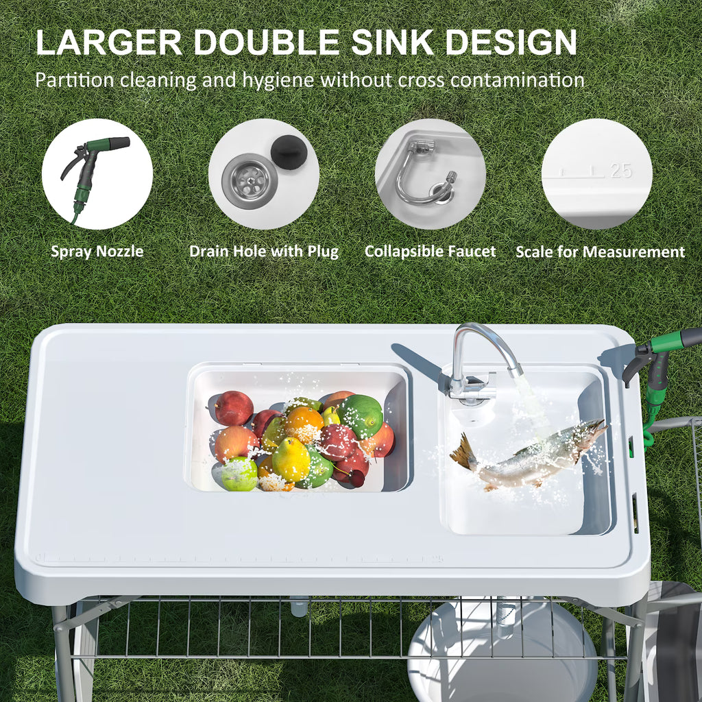 EVOKEDEN 42.5" Fish Cleaning Table w/ Dual Sink, Portable Folding Camping Table w/ Foldable Extension Stand, Outdoor Sink Station for Picnic
