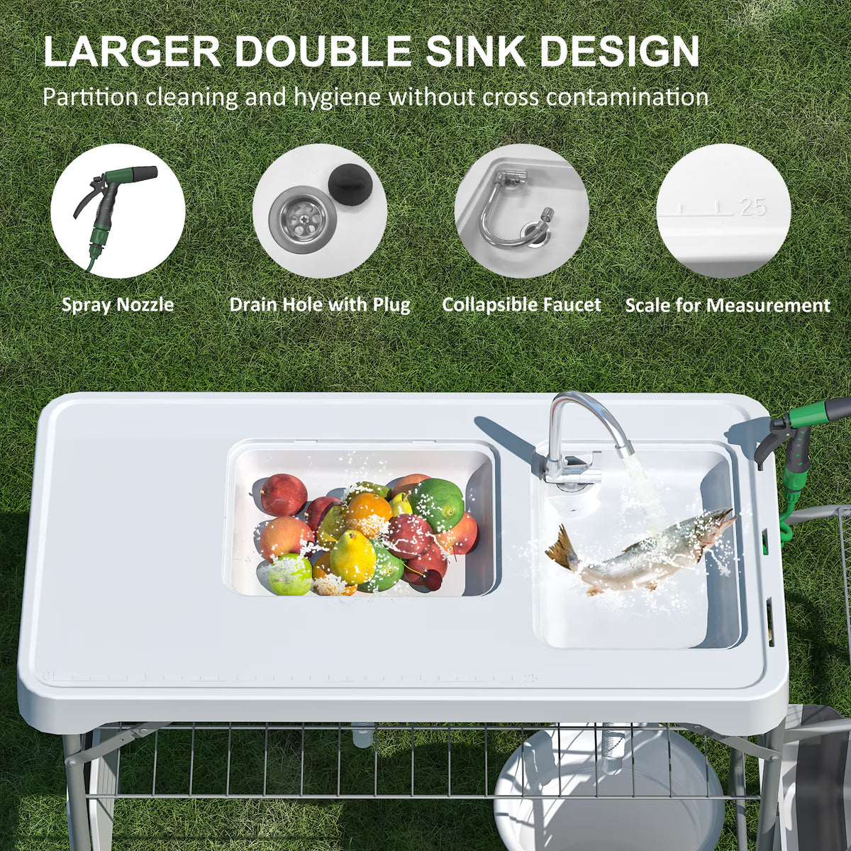 EVOKEDEN 42.5" Fish Cleaning Table w/ Dual Sink, Portable Folding Camping Table w/ Foldable Extension Stand, Outdoor Sink Station for Picnic