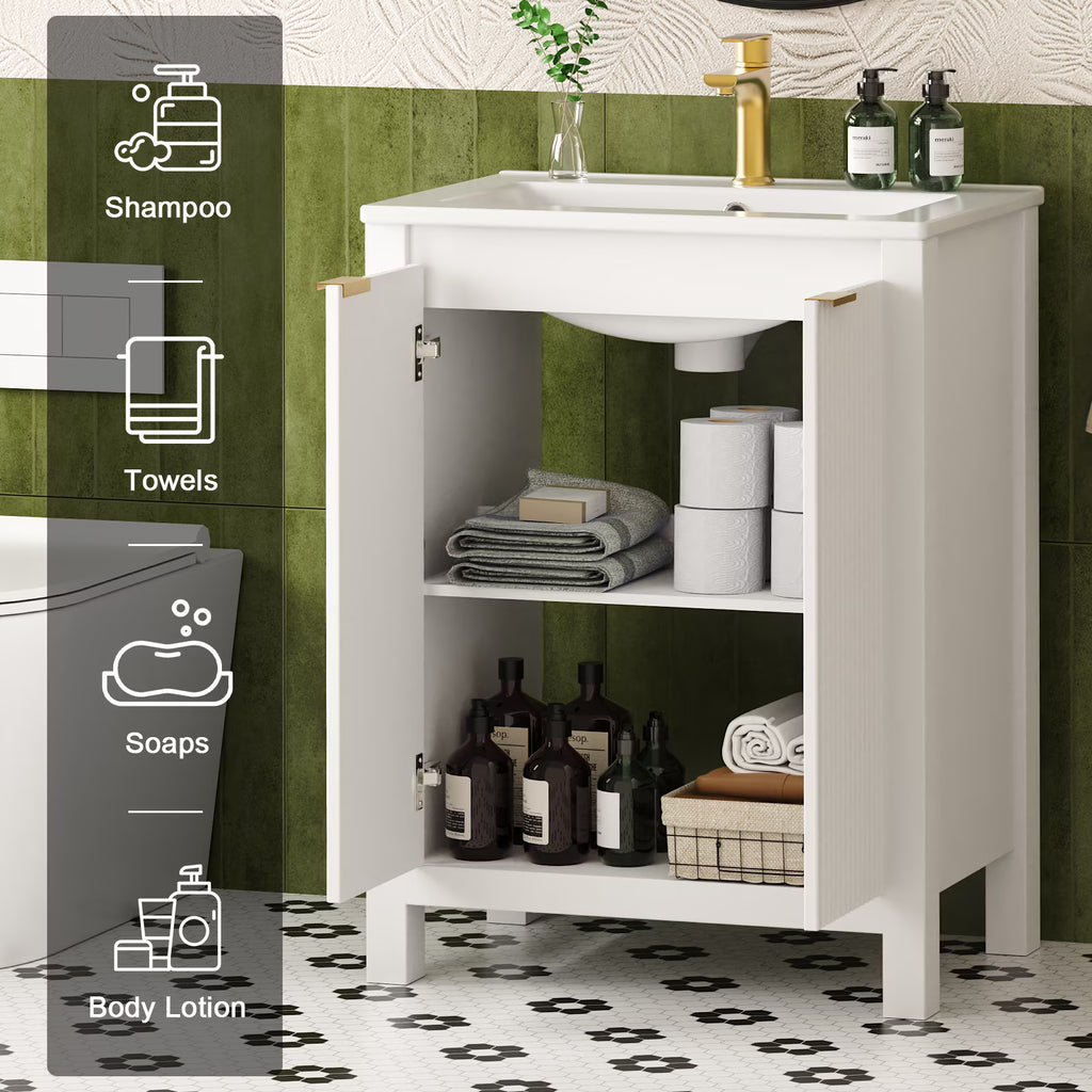 EVOKEDEN 24" Bathroom Vanity with Sink, Freestanding Vanity Cabinet with Soft-Close Doors, White