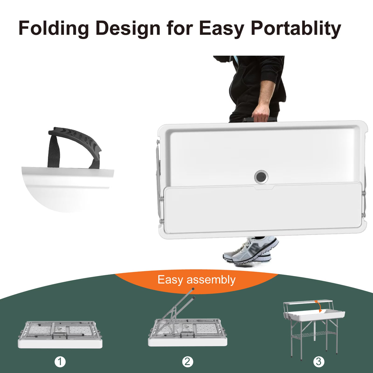 EVOKEDEN 2 Tiers 4 Foot Party Ice Cooler Table, Folding Tailgate Camp Fishing Cleaning with Matching Skirt & Drain Hose for BBQ, Camping, Picnic, White