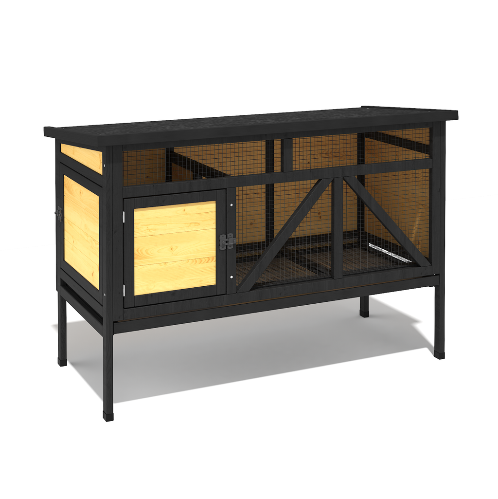 46.7" Elevated Rabbit Cage, Indoor & Outdoor Rabbit Hutch, Bunny Cage for Guinea Pig, Wooden Design with Removable Tray, Waterproof Asphalt Roof & Bottom Wire Mesh for Small-Medium Animals