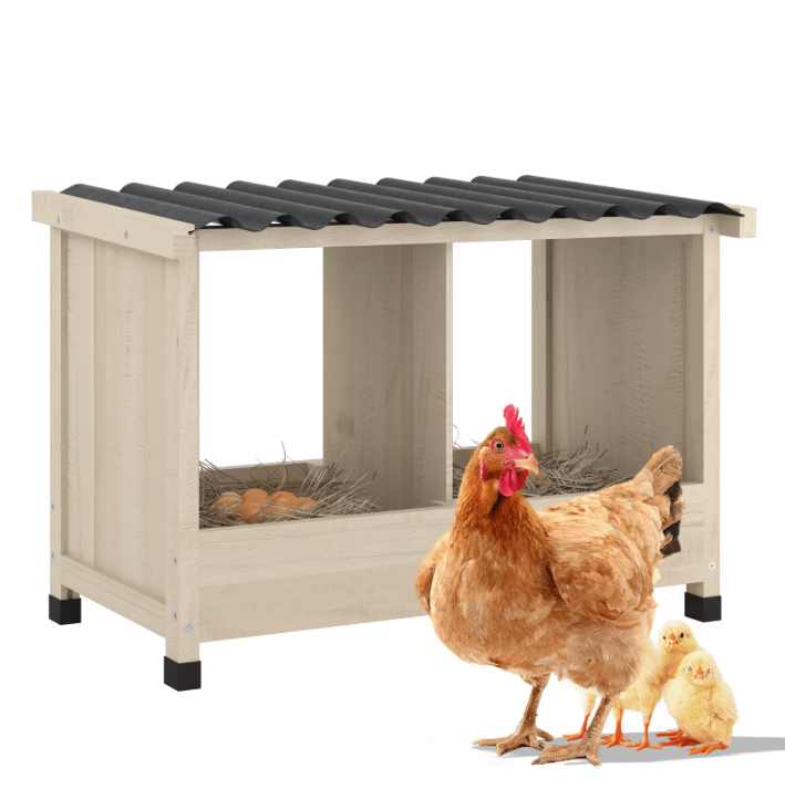 TIMHAKA Chicken Nesting Box, 2 Holes Wooden Chicken Coop w/ PVC Roof for Hens, Ducks, and Poultry