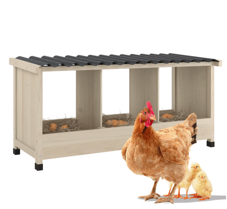 TIMHAKA Chicken Nesting Box, 3 Holes Wooden Chicken Coop w/ PVC Roof for Hens, Ducks, and Poultry