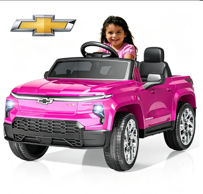 EVOKEDEN 24V Licensed Chevrolet Silverado Electric Car for Kids, Ride on Toys for Toddlers with Remote Control, Soft Start, LED Lights, Music Player, Seat Belts, Pink