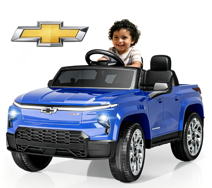 EVOKEDEN 24V Licensed Chevrolet Silverado Electric Car for Kids, Ride on Toys for Toddlers with Remote Control, Soft Start, LED Lights, Music Player, Seat Belts, Blue