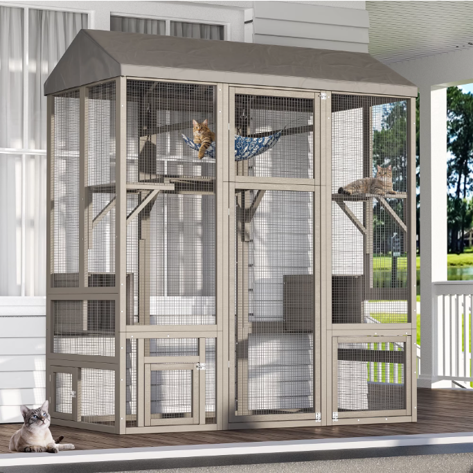 TIMHAKA 71'' Catio Outdoor Cat Enclosure, Large Cat Catio with Window Access, Hammock, 7 Platforms and 2 Resting Box, Gray
