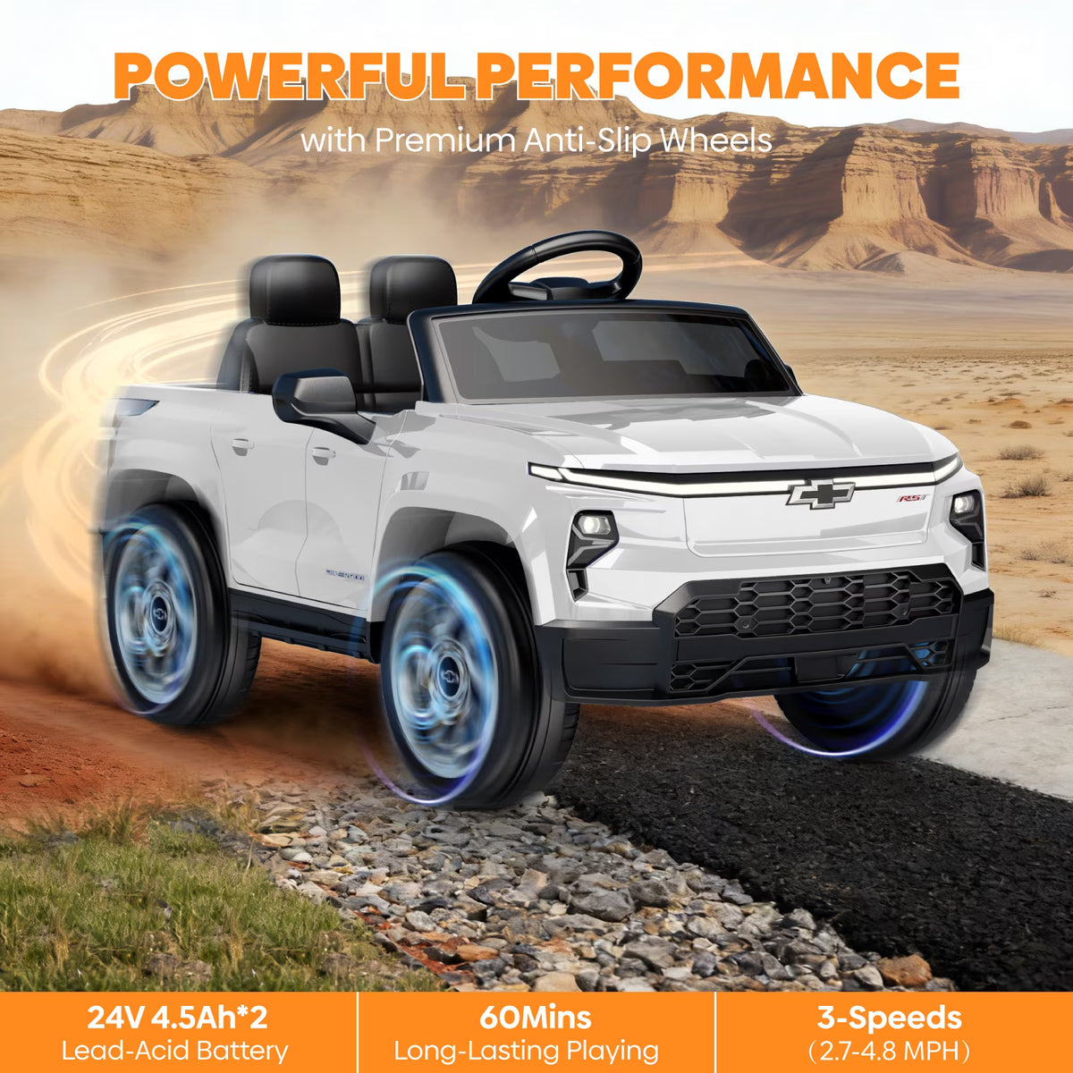 EVOKEDEN 24V Licensed Chevrolet Silverado Electric Car for Kids, Ride on Toys for Toddlers with Remote Control, Soft Start, LED Lights, Music Player, Seat Belts, White