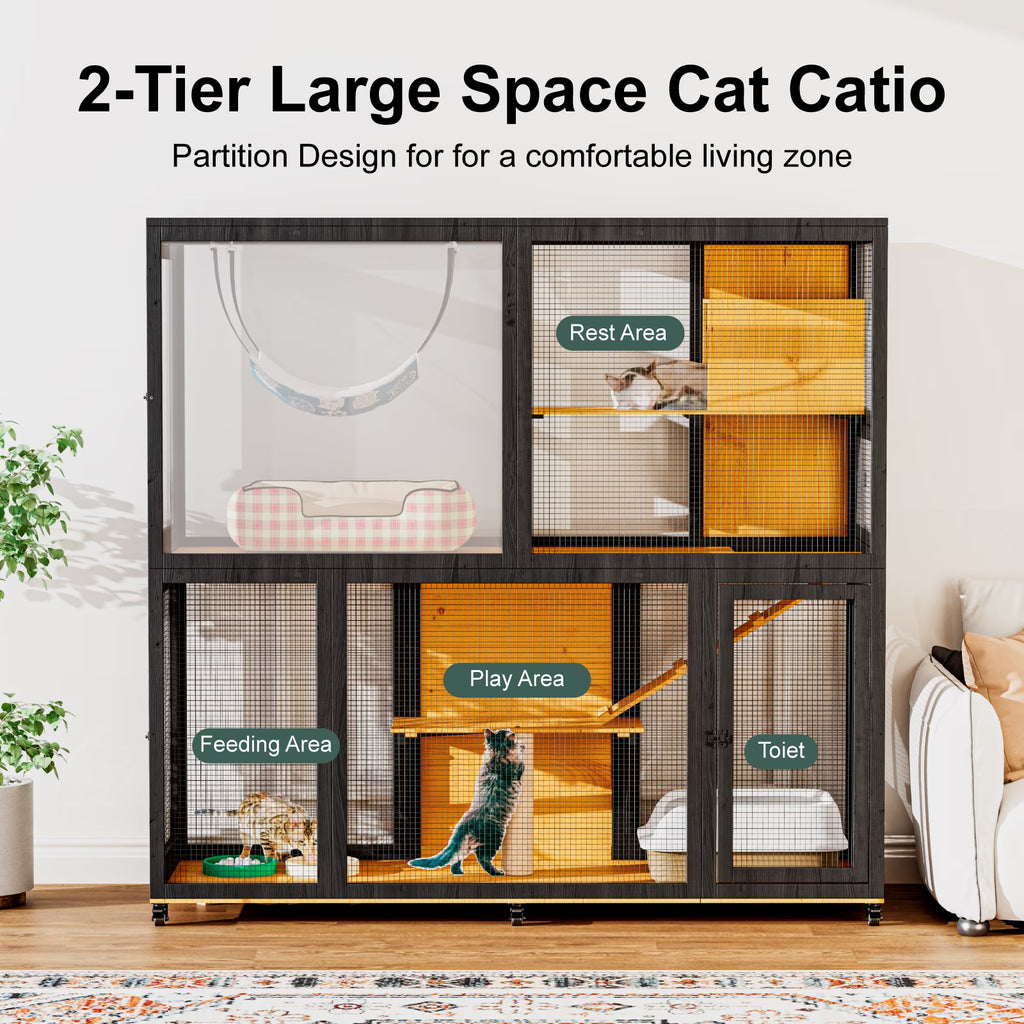 TIMHAKA 4-Tier Large Cat Enclosure House, Indoor & Outdoor Catio for Sunbathing, Black & Yellow