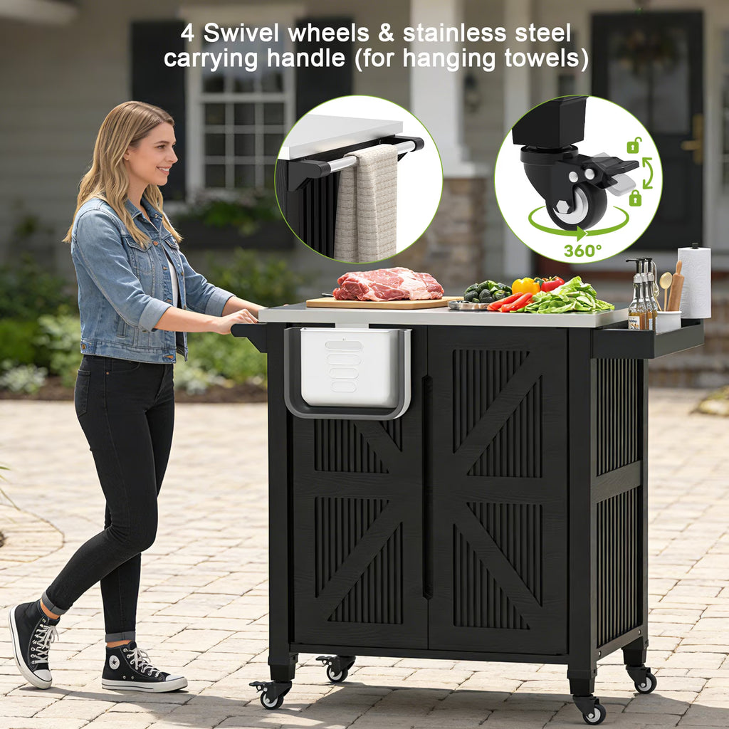 EVOKEDEN Outdoor Grill Cart with Storage Cabinet, Movable Kitchen Island with Wheels, PP Material Rolling BBQ Food Prep Table Cart for Patio, Black