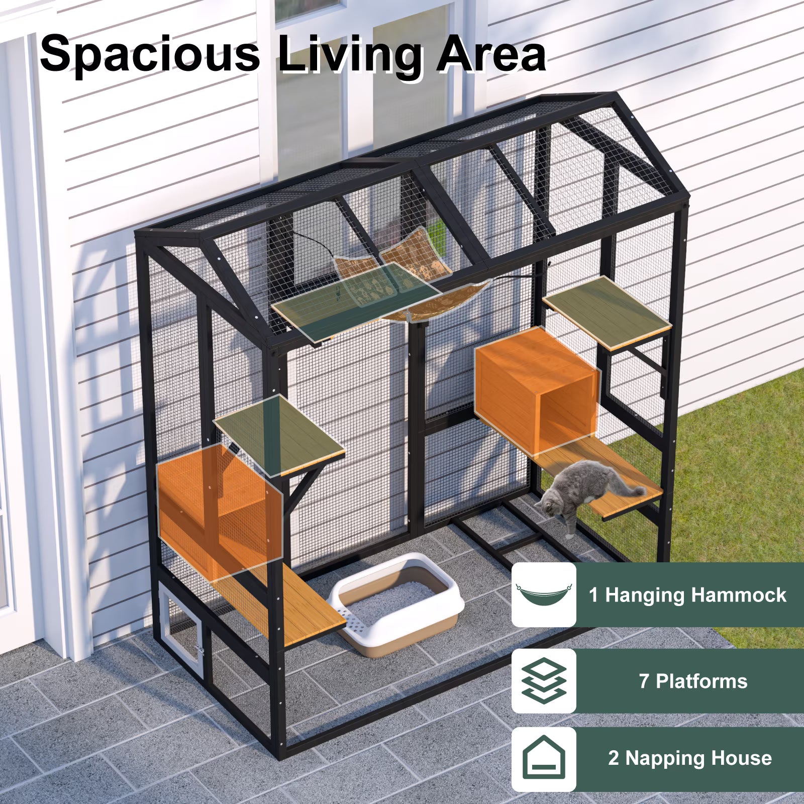 TIMHAKA 71'' Catio Outdoor Cat Enclosure, Large Cat Catio with Window Access, Hammock, 7 Platforms and 2 Resting Box, Black